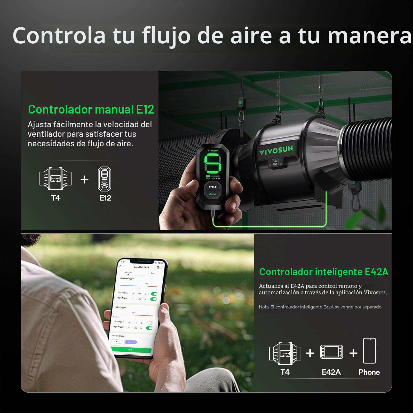 VIVOSUN Ventilador de Conducto AeroZesh T4 100 mm 357 m³/h Ventilador de Extracción con Regulador de Velocidad E12, Control PWM, Programable para Tiendas de Cultivo y Ventilación Interior
