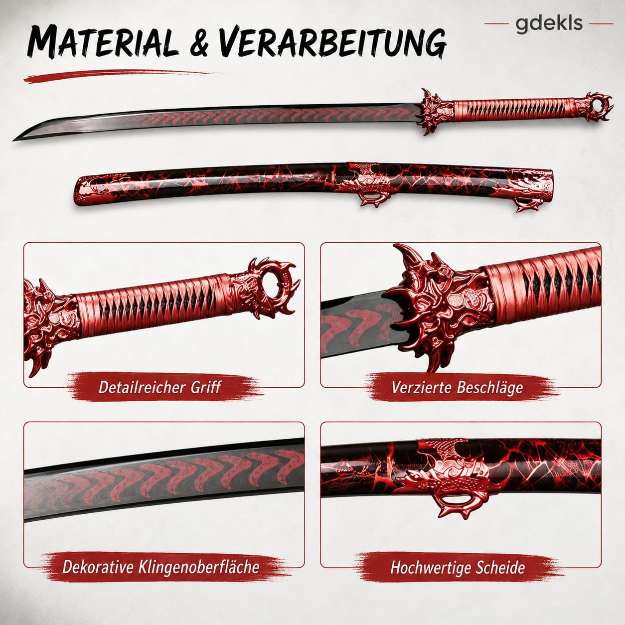 Claw Dragon Katana Schwert 103,5cm – Dekoratives Samuraischwert mit Drachen-Design, Edelstahl Klinge Nicht geschärft, schwarz-rot Fantasy Deko Schwert für Sammlung, Cosplay & Wanddekoration