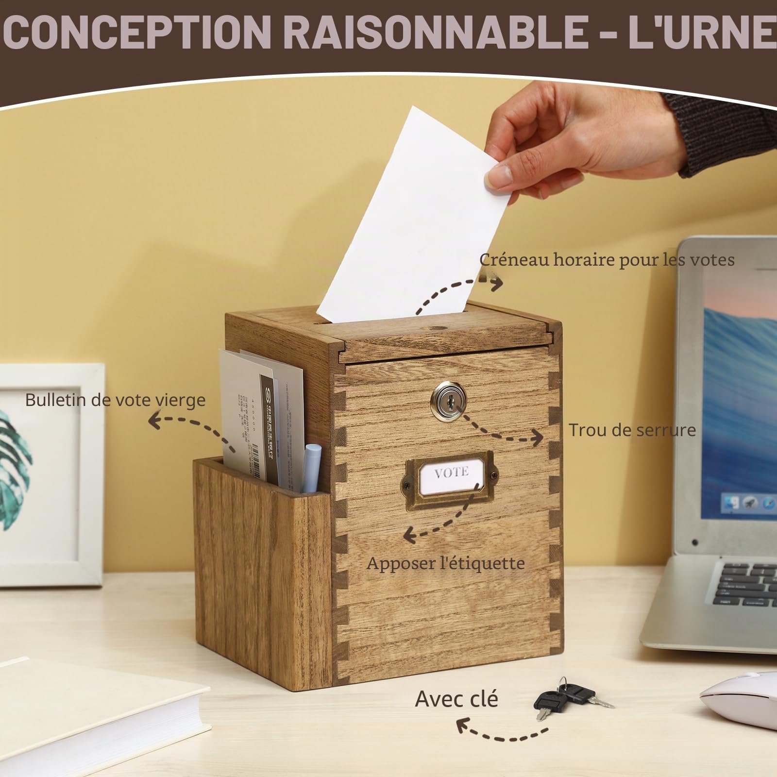 KIRIGEN Boîtes à suggestions en bois Boîtes à suggestions verrouillables pour bureaux, écoles, hôpitaux Boîtes de vote pour les dons jaune-brun