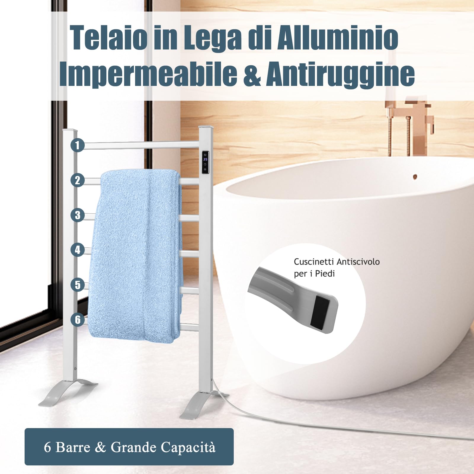 GYMAX Scaldasalviette Elettrico, Porta Asciugamani in Alluminio, Riscalda 30-60 °C, Timer, 2 in 1 in Piedi & a Parete, con Accessori a Parete