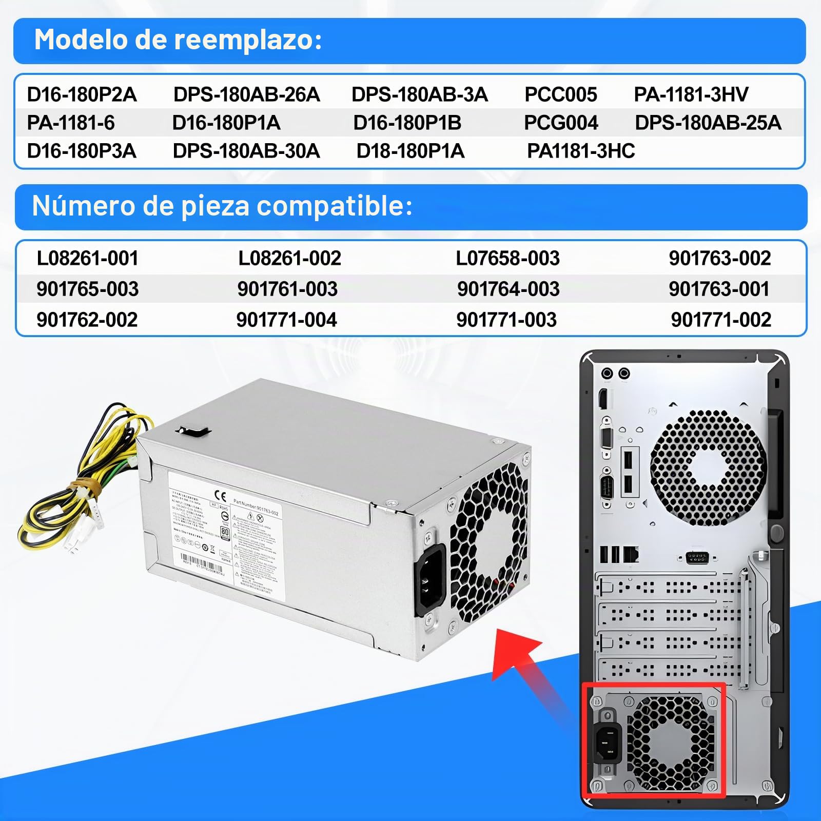 S-Union D16-18P2A Fuente de alimentación de 18 W Compatible con HP Prodesk 68 8 G3 SFF 48 6 G4 SFF 28 285 Pro G3 MT P/N: L8261-2 91771-4 91771-3 91763-1 91762-2 91763-2 Energía Suministrar