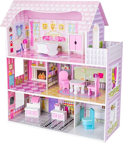 Miniatura 4 de Casa de muñecas de madera para niñas pequeñas, casa de muñecas con 9 piezas de muebles, juguetes de regalo para niños de 3, 4, 5, 6 años
