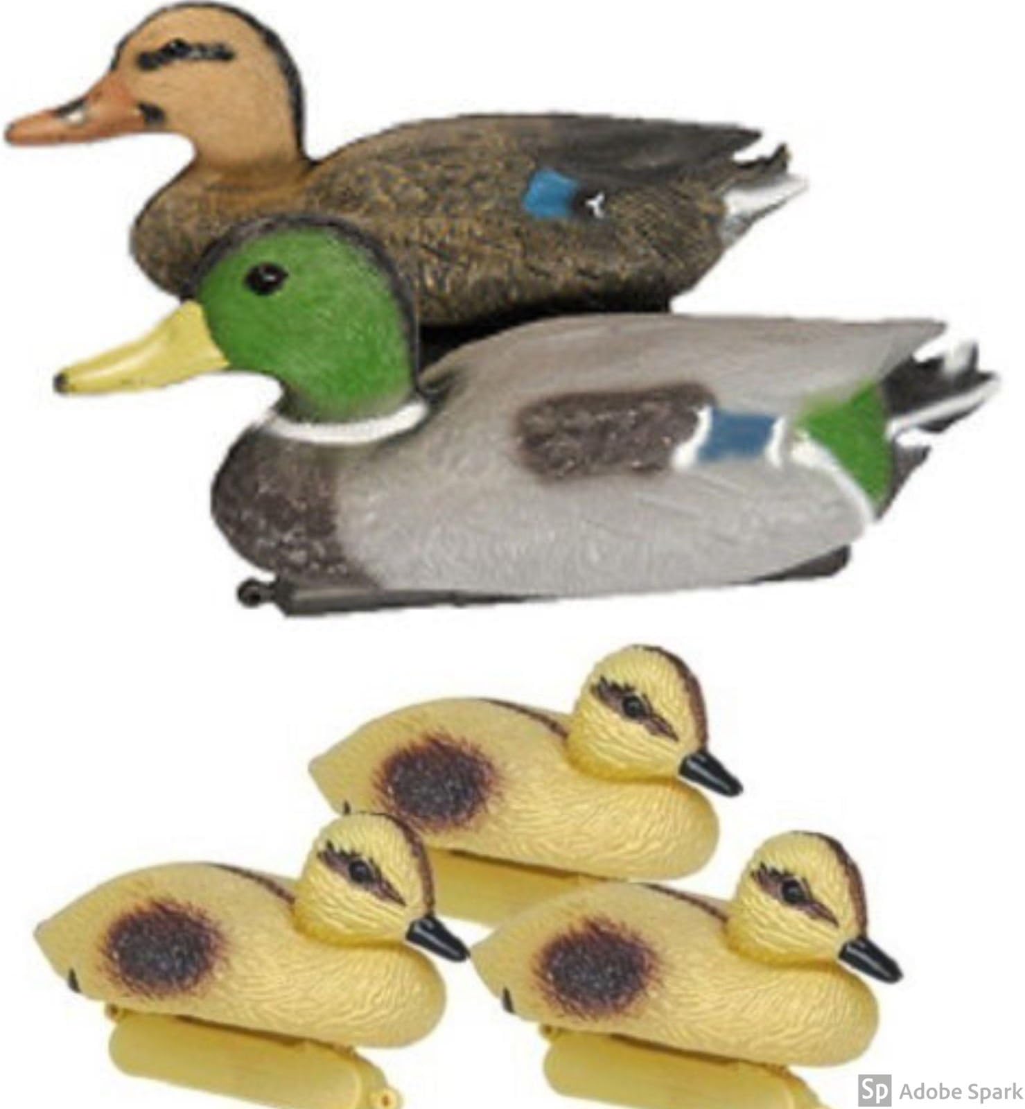 Pond H2o Floating Duck Decoy Family Pack, Contains One Male Mallard (Drake), One Female Mallard (Hen) and 3 Ducklings, Decoy, Yard Decoration