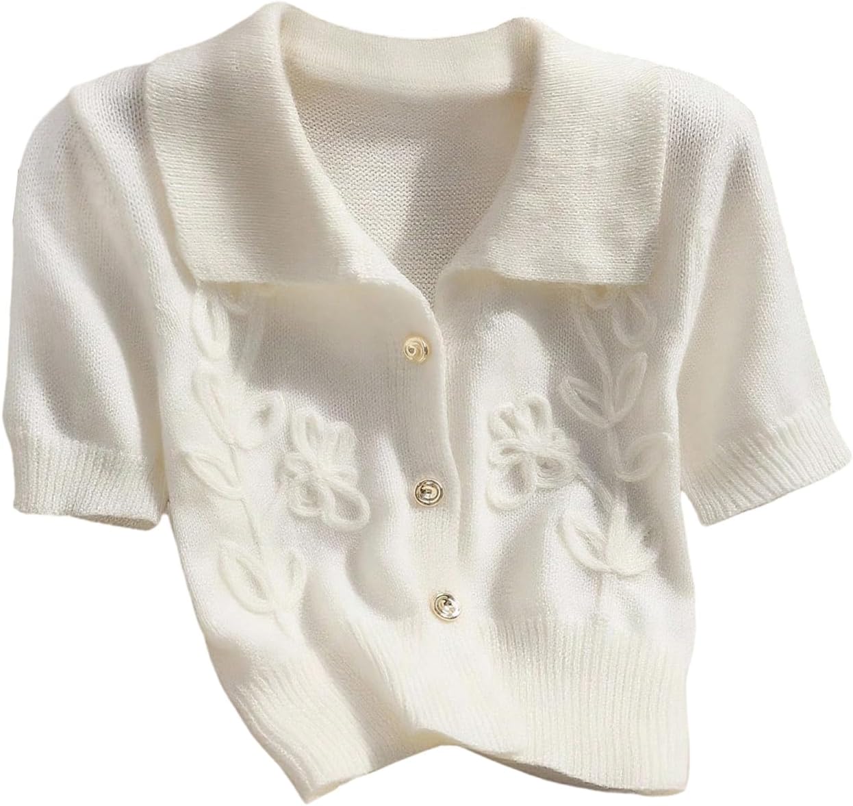 WDIRARA Women's 3D Floral Short Sleeve Button Up Cardigan Sweater Collared Knit Tops