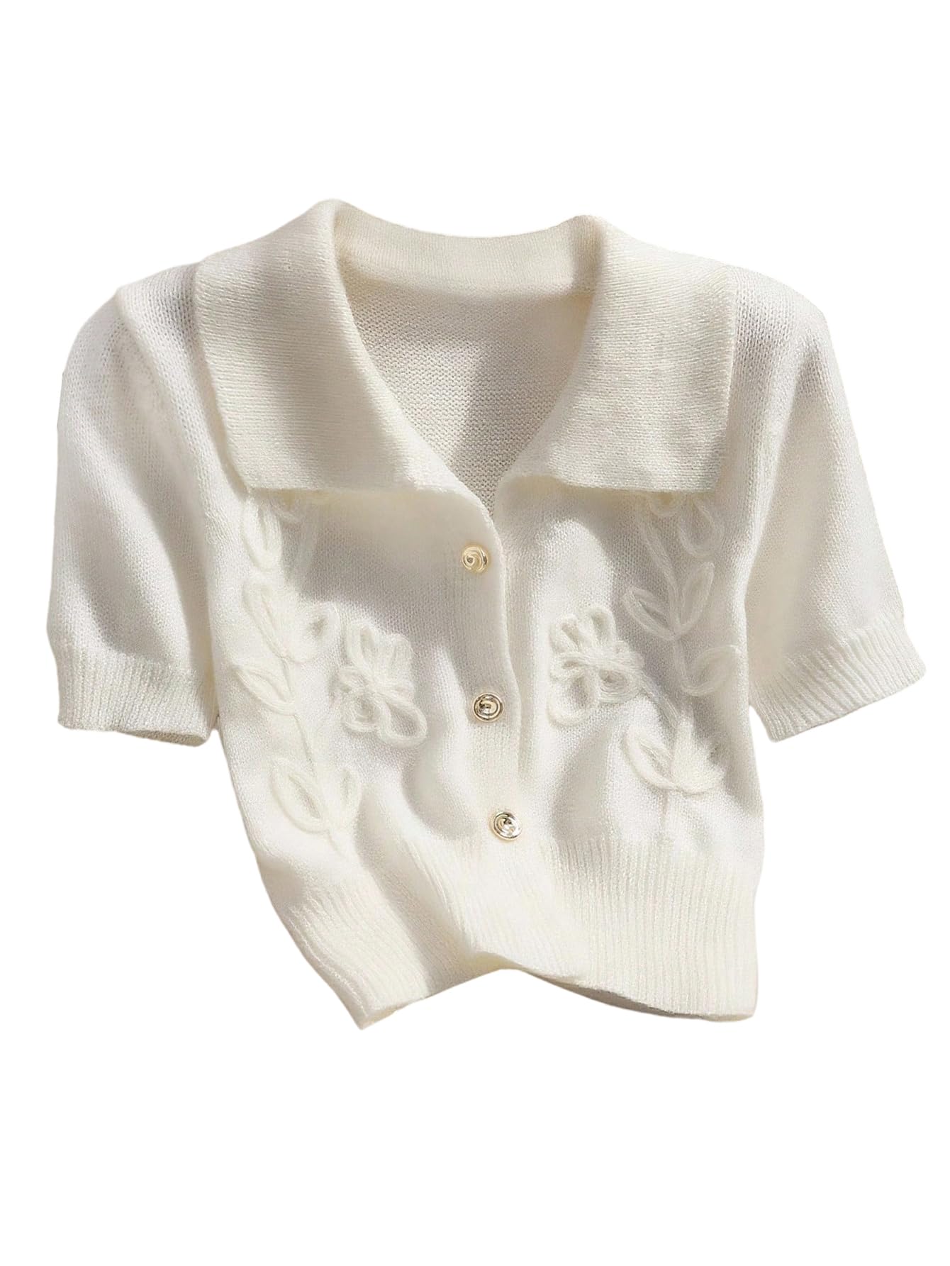 WDIRARA Womens 3D Floral Short Sleeve Button Up Cardigan Sweater Collared Knit Tops