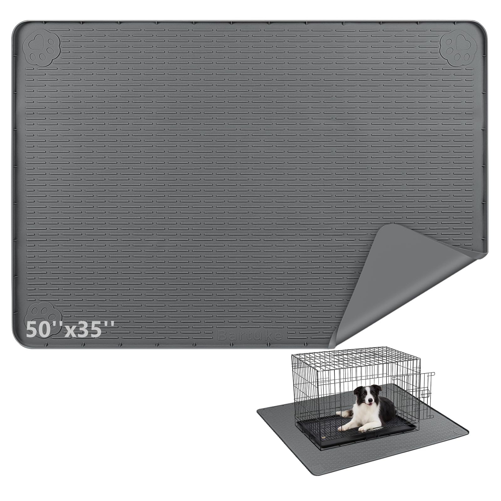 Tapis de boxe en silicone pour chien, tapis pour cages et chenil avec bord surélevé, tapis de lit pour chien, lavable, imperméable, anti-fuite, protège le sol (gris foncé, 132 x 88 cm)