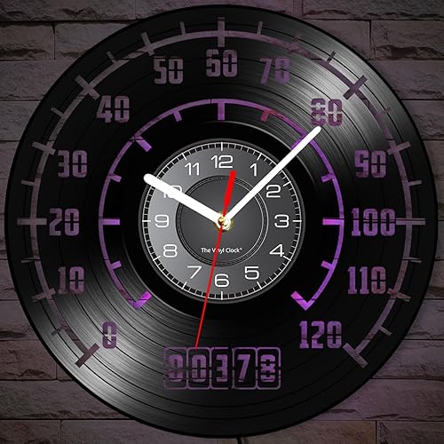 Reloj de pared con velocímetro de 12 pulgadas, 7 tipos de color LED, vintage, decorativo, analógico, negro, para motocicleta, disco de vinilo, reloj