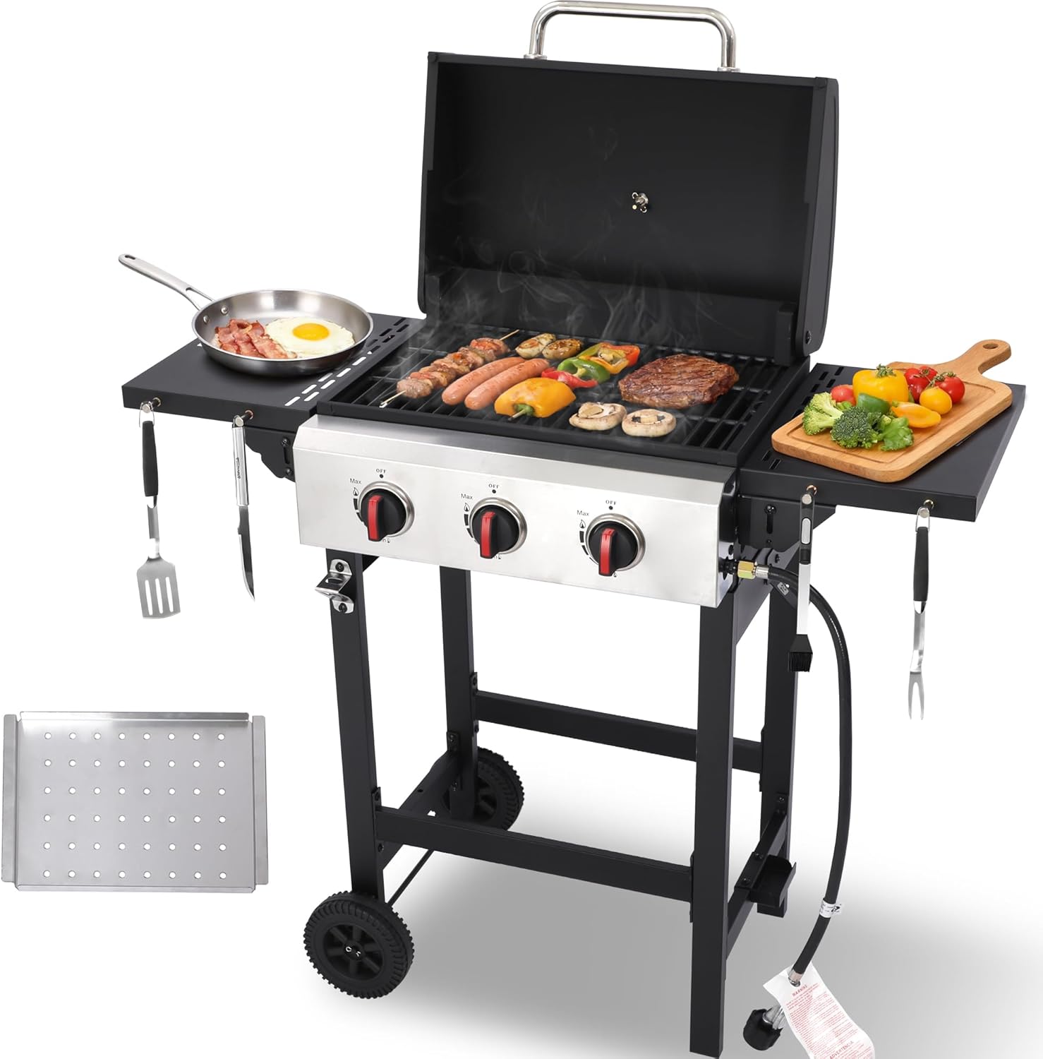 Propane Grill with Folding Side Tables, 3-Burner Gas Grill with Porcelain-Enameled Cast Iron Grates and Stainless Steel Grill Pan, 30,000 BTU BBQ Grill with Wheels for Outdoor Cooking