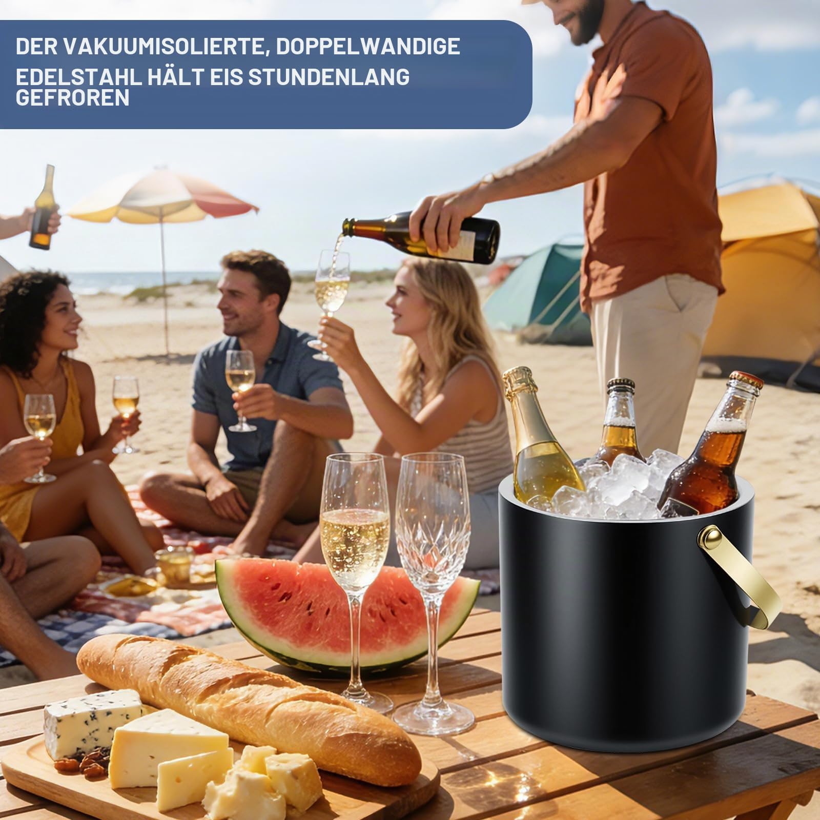 Qingning 3.2L Eiswürfelbehälter, Eiskübel mit Deckel, Zange, Schaufel & Sieb | Eiswürfelbehälter Edelstahl, Doppelwandiger Edelstahl-Eiskübel für Bier und Wein, für Partys, Picknicks, Clubs