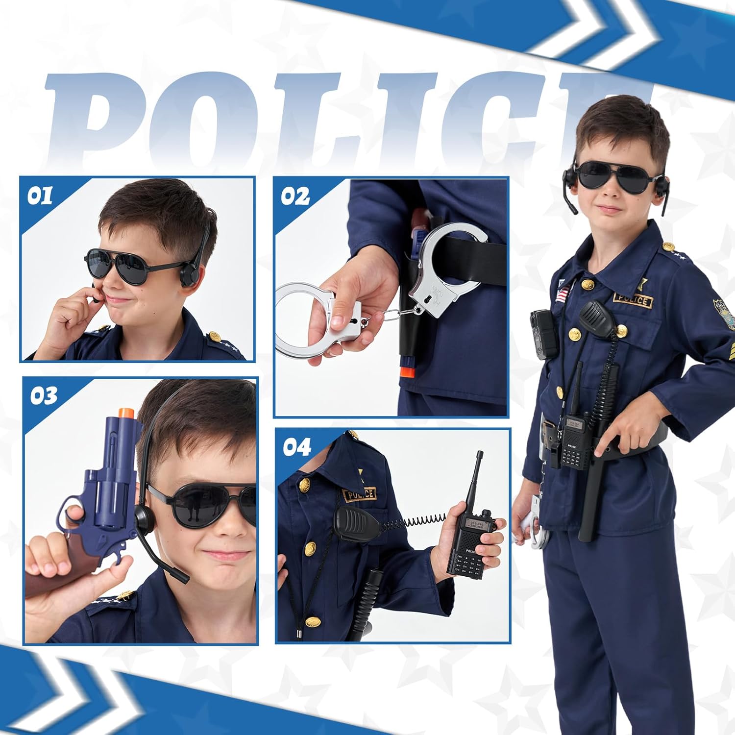 MGparty Police Officer Costume for Kids Halloween Police Cosplay Accessories for Boys Halloween Dress Up Party - Image 5