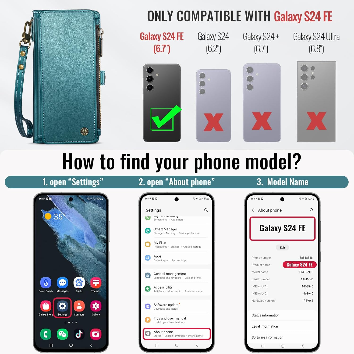 Defencase Compatible with Samsung Galaxy S24 FE Case Wallet with RFID Blocking Card Holder for Women Men, PU Leather Magnetic Snap Flip Zipper Strap Wallet Phone Case for Galaxy S24 FE 5G 6.7", Green