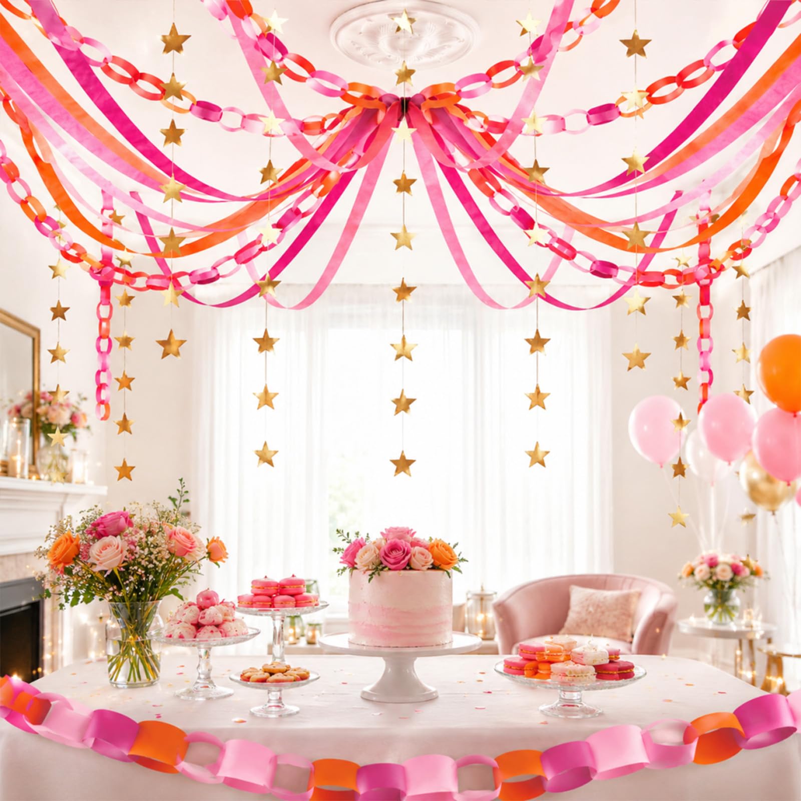 JarThenaAMCS Krepppapier-Luftschlangen und goldene Sterngirlanden, 150 m, 300 Stück Papierketten, Streifen, hängende Banner, Dekoration für Hochzeit, Geburtstag, Party, Dekoration, Basteln, 150 m