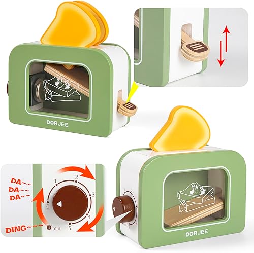 Miniatura 4 de Dorjee Juego de tostadora de madera emergente de 15 piezas, juego de cocina - Tostadora de juguete de madera para niños, regalo para niñas y niños