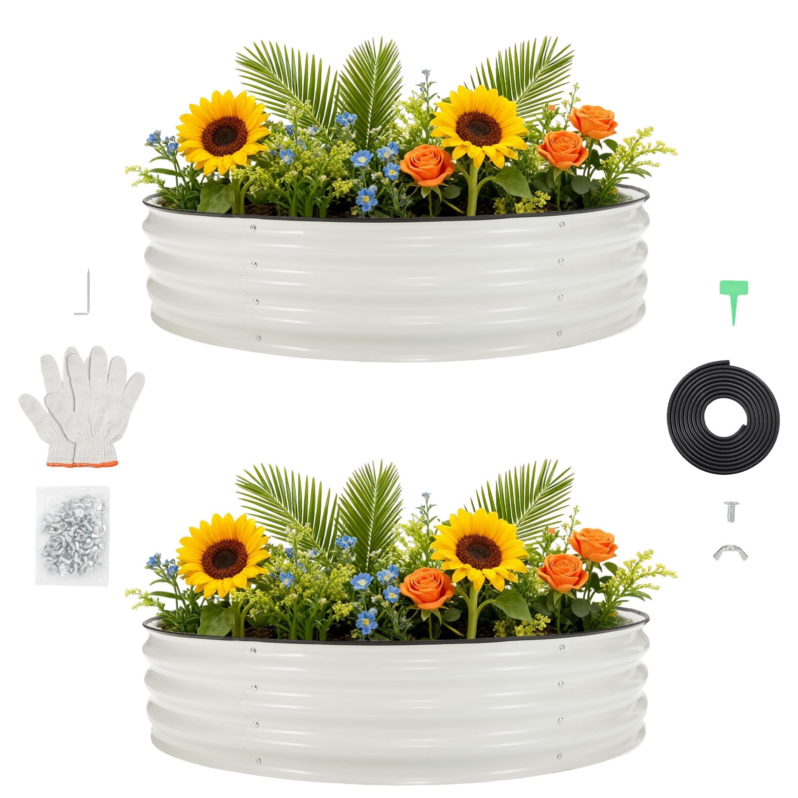 Aptliton 2Pcs Round Raised Garden Beds, 4ft×4ft×1ft Galvanized Metal Planter Box with Rubber Edging & Gloves, Outdoor Large Planting Bed Kit for Vegetables Flowers Herbs, White