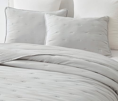Miniatura 2 de Chezmoi Collection Marie - Juego de edredón bordado de línea de 3 piezas, juego de edredón ligero de microfibra lavada suave (King, gris claro)