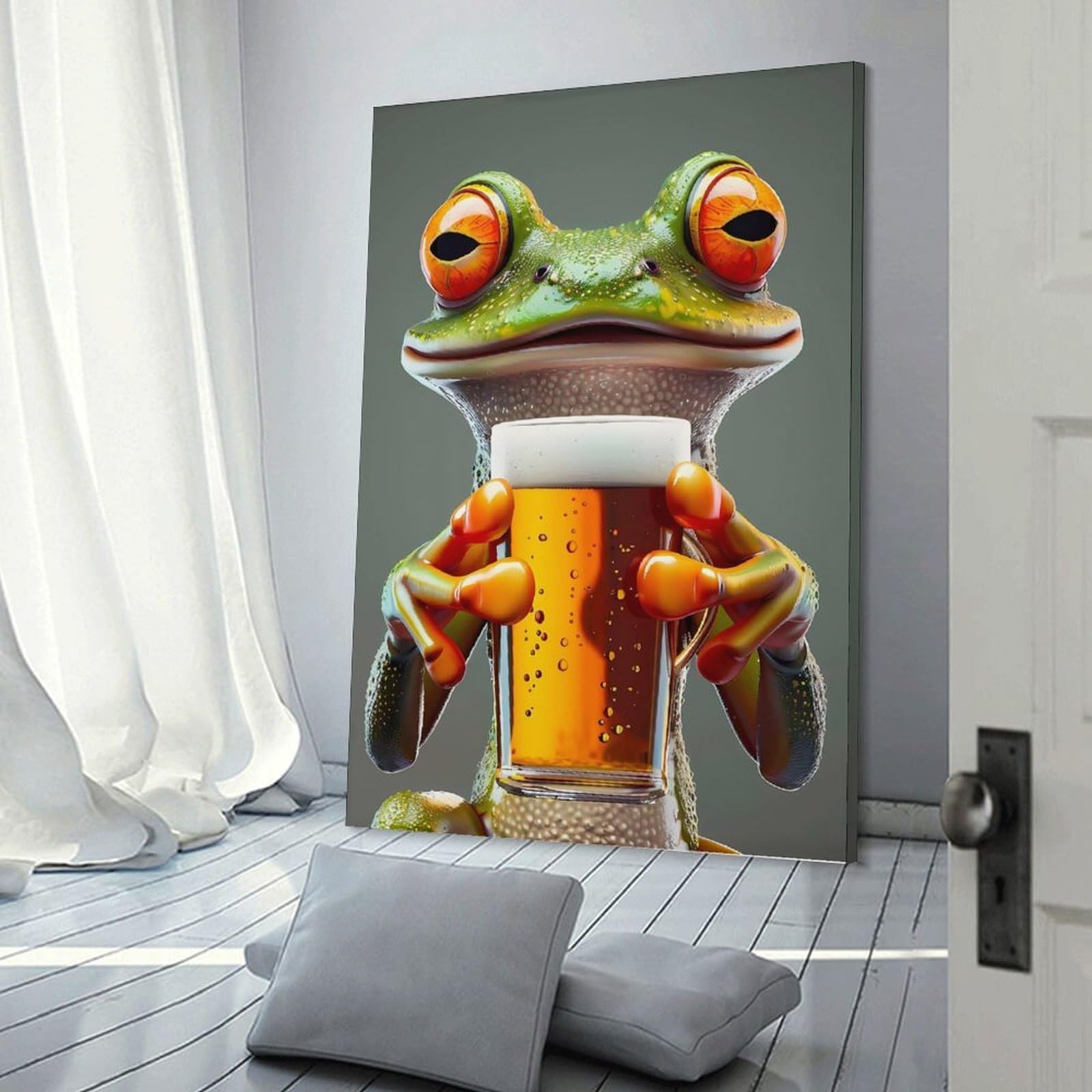 Junmoney Frog Beer Decorative Canvas Print, 24x36inch(60x90cm), for Gallery Wall Decor And Room Displays, Wall Decor Suited to Curated Displays