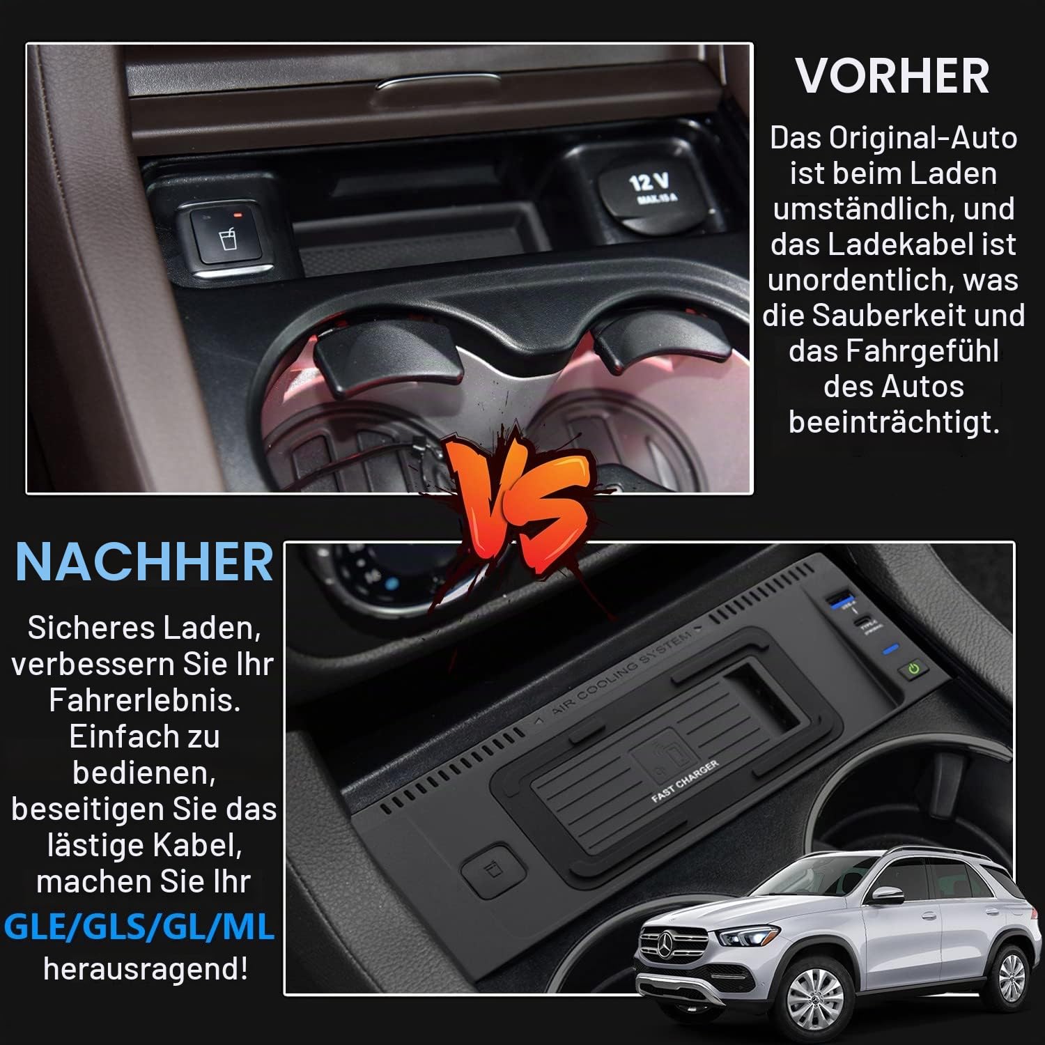 Kabelloses Ladegerät Auto für Mercedes-Benz GLE/GLE Coupé/GLS/GL/ML W166 X166 C292 GLE350 GLS400 ML450 GL550 2012-2019 Mittelkonsole, 15W Schnellladendes Handy-Ladegerät für iPhone Galaxy