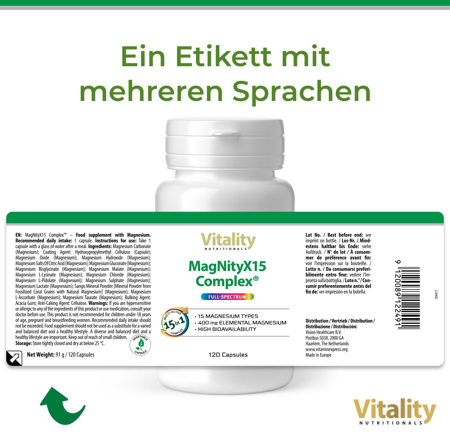 Magnesium Komplex MagNityX15 15 Magnesiumverbindungen inkl. Magnesium Bisglycinat Citrat & Malat 400 mg pro Tagesdosis 120 Kapseln Muskeln Knochen Nerven Vitality Nutritionals by Vitamin Express