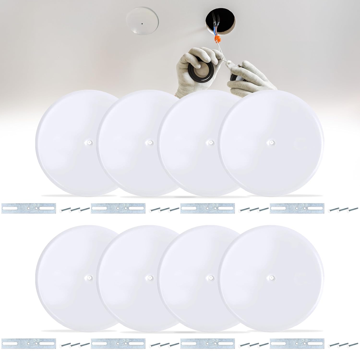 (Pack of 8) Airmont Products AP-12066, 5-inch Ceiling Blank-Up Cover with Center Screw, Fits 3-1/4" to 4" Electric Box, Adjustable Bracket for Screw Hole Spacing 1.75" to 3.5", White Metal