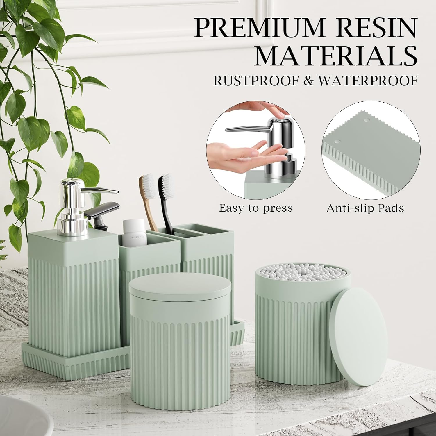 Bathroom Accessories Set, 6-Piece Resin Green Bathroom Set with Toothbrush Holders, Soap Dispenser, Vanity Tray, Tumbler, Cotton Swab Jars, Modern Bathroom Organizer for Small Spaces
