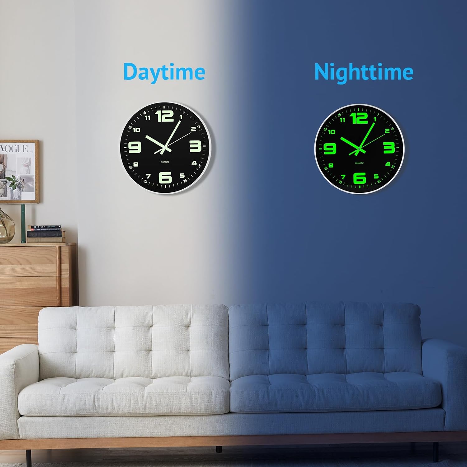 12 inch Wall Clock Silent Wall Clocks Glow in The Dark Clocks Analog Battery Operated Night Light Clock Up Neon Modern Wall Clocks for Living Room, Bedroom, Kitchen, Bathroom, Home Decor