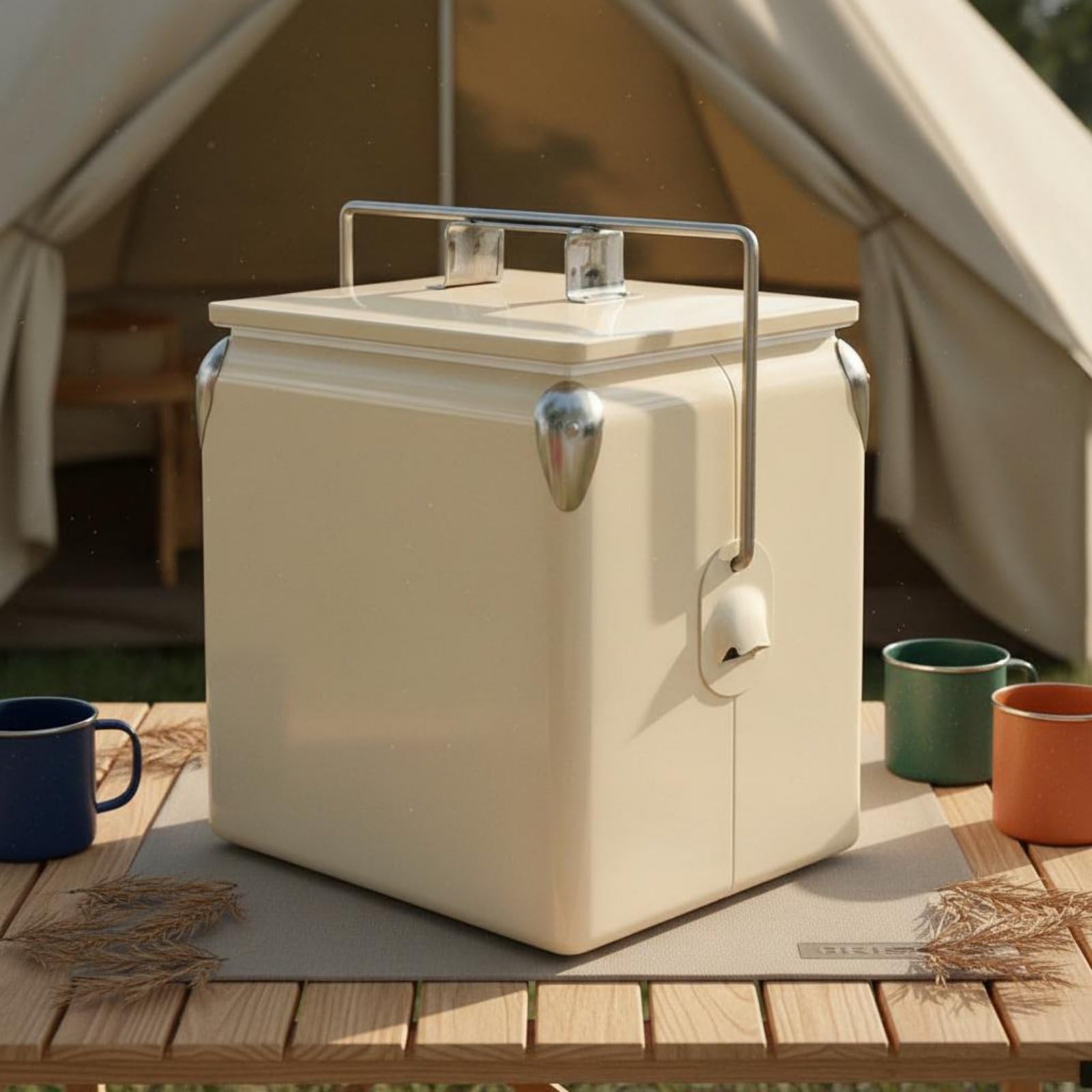 Frigorifero Portatile Borsa Termica Ghiacciaia Contenitore Isotermico in Metallo con Interno Isolato per Bevande Cassa Compatta Facile da Posizionare, Beige
