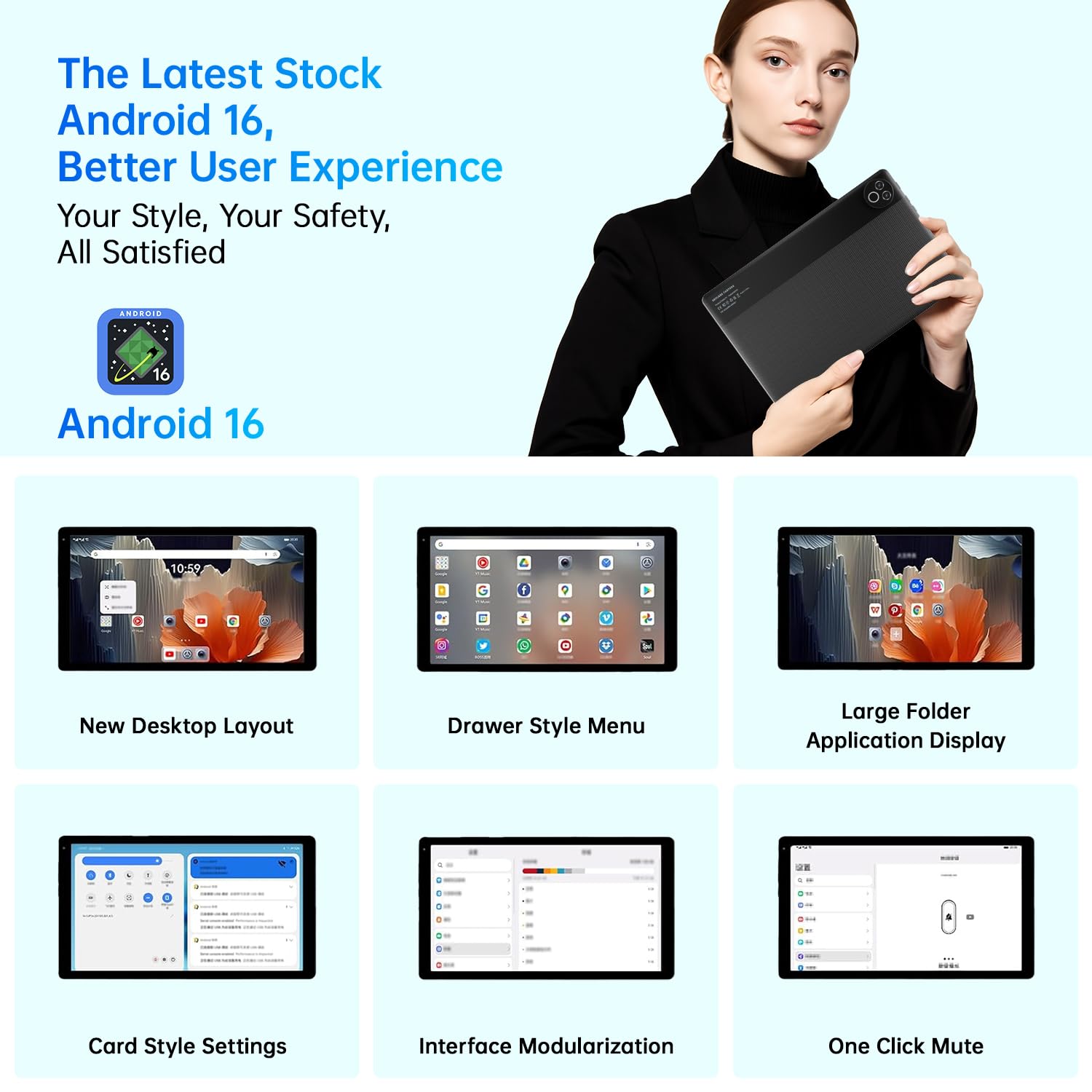 MUISOO Android 16 Tablet, 10.4 inch Tablet, 20GB RAM 64GB ROM(1TB TF Expand), 5MP+8MP Camera, WiFi 6, BT5.4, 1280 * 800 IPS, 5000mAh, Dual Speakers Pad PC Tablets, Black — view 3
