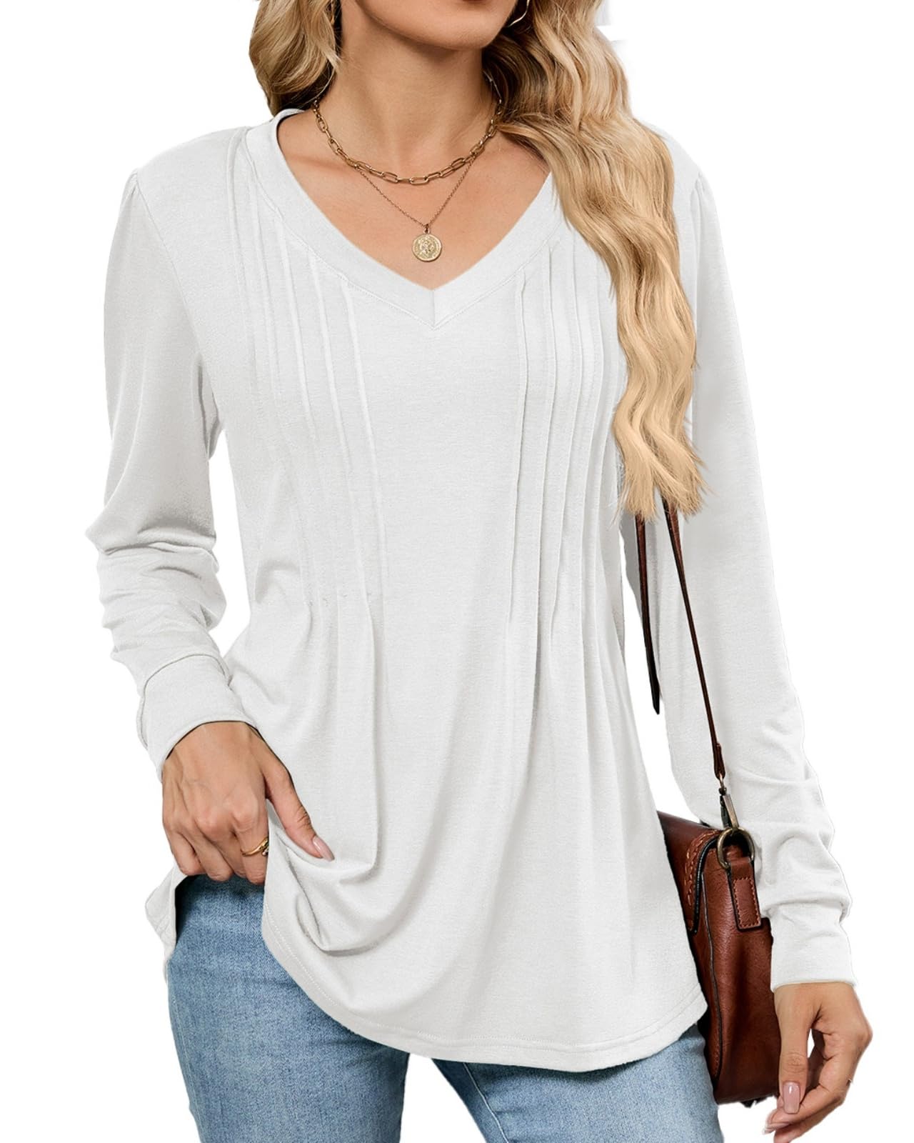 PICKLION Langarmshirt Damen Longsleeve Oberteile Tshirt Elegant Tunika V Ausschnitt Longshirt Plissee Lässig Weiß S