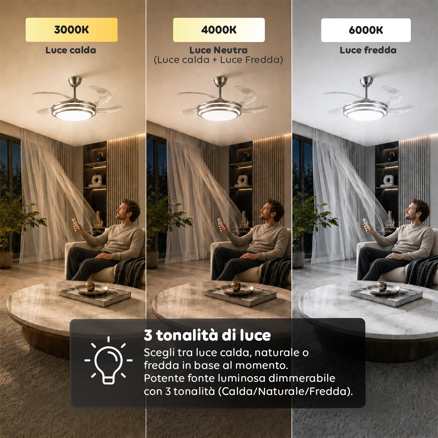 Avilia - Ventilatore da Soffitto con Pale Retrattili - Diametro 106 cm in Ferro/ABS - LED 72W Dimmerabile 3 Tonalità di Luce Integrata Calda Naturale e Fredda - 6 Velocità, Telecomando e Timer 2h