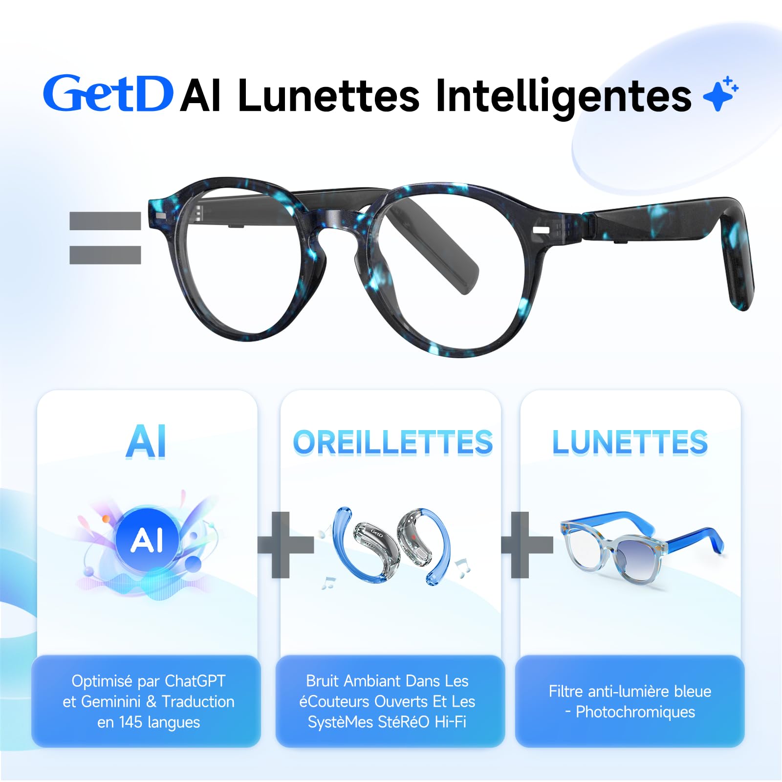 GetD Lunettes AI Intelligentes pour Hommes et Femmes, Lunettes Audio Bluetooth et Écouteurs à Oreilles Ouvertes et Assistant AI avec Traduction AI (Cadre Noir + Lentille Transparente)