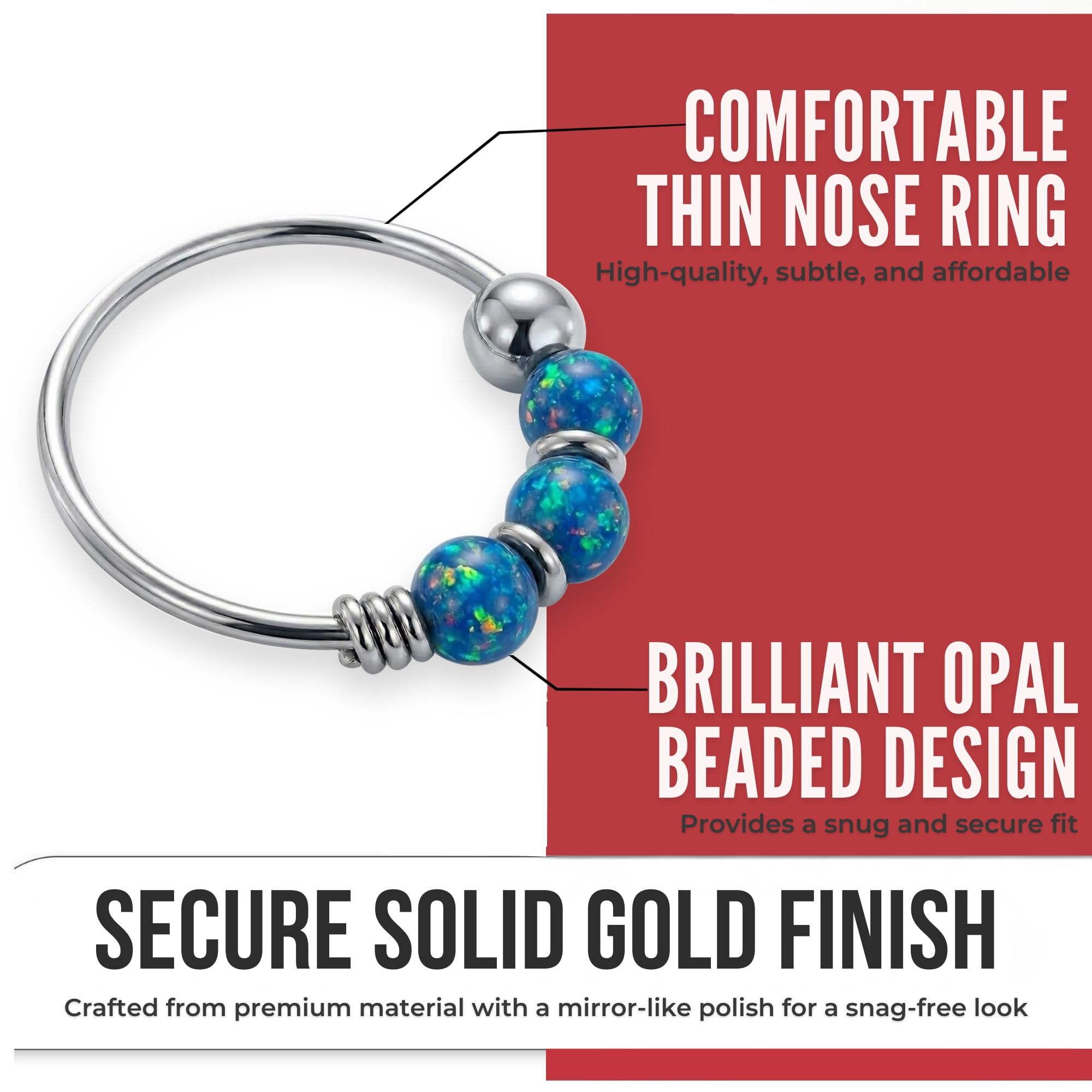 9K Oro Bianco Triplo Opale Perla 22 Gauge Hoop Naso Piercing Anello Gioielli