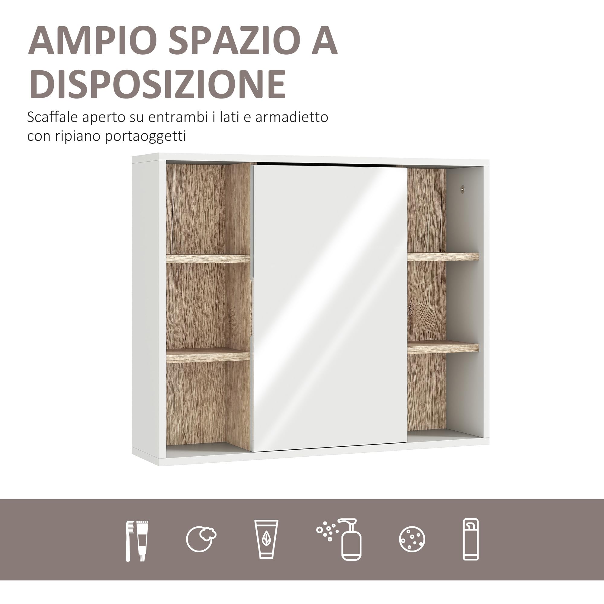 HOMCOM Mobile Bagno con Specchio, 60x14.5x49.4 cm Bianco e Color Legno | 3 Ripiani Laterali, Ripiano Regolabile Interno, Specchio Bagno Contenitore in Legno