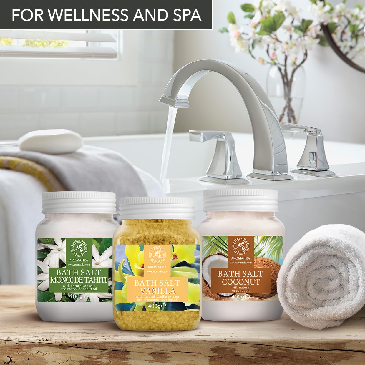 Set Sali da Bagno con 3x400g di Monoi de Tahiti - Vanilla - Cocco - Naturale al 100% - Ideale per Dormire Bene - Antistress - Bagno - Cura del Corpo - Benessere - Bellezza - Rilassamento - Spa