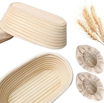2Pcs Banneton Proofing Basket 25cm/10 inch Oval Bread Proofing Basket with Linen Liner Natural Rattan Sourdough Baskets Tool for Professional and Home Bakers Making