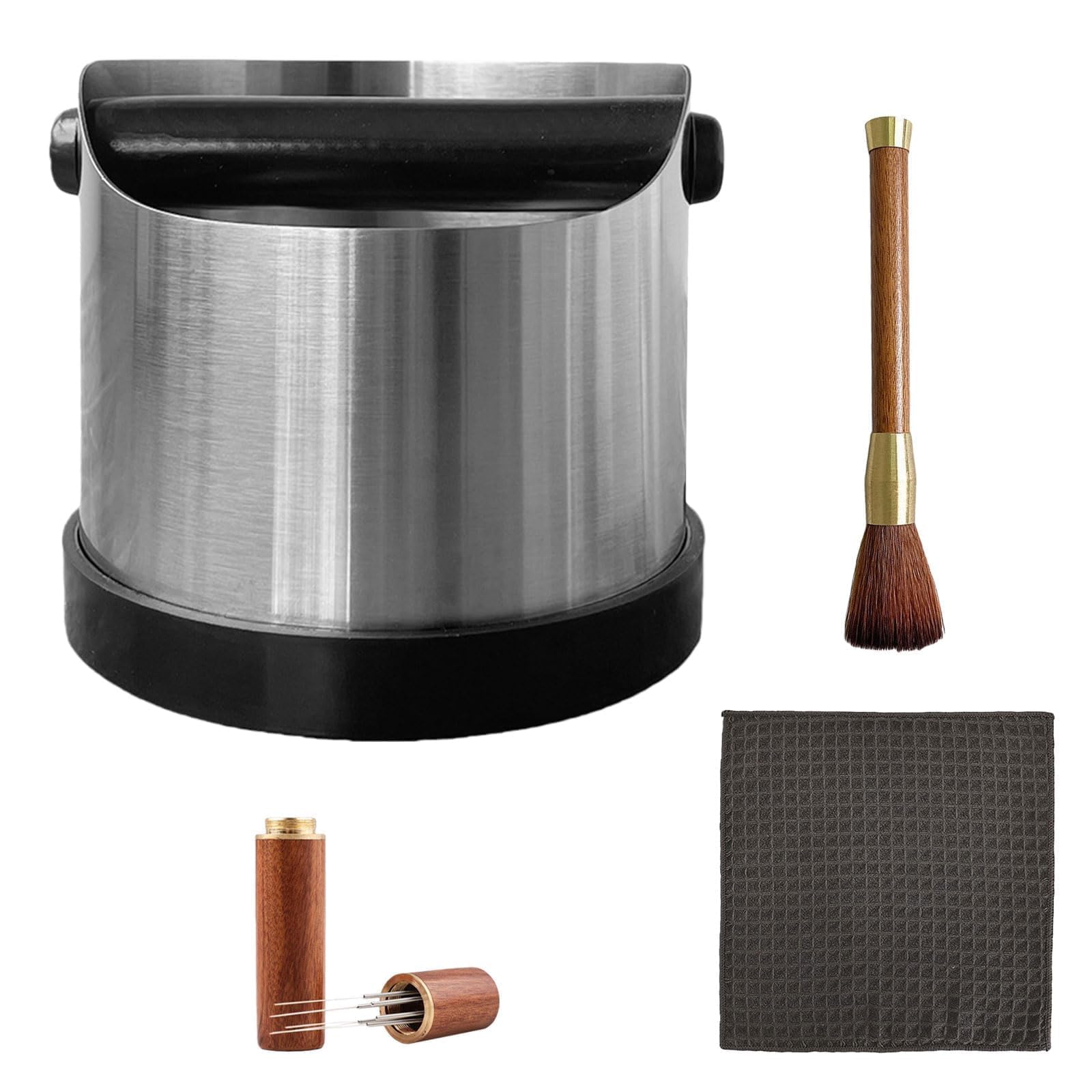 NIYATA Coffee Knock Box, Coffee Bin Knock Box, Stainless Steel Coffee Knock Box with Removable Bar, Easy-Clean Coffee Grounds Container, Includes Brush, Coffee Needle, Cloth, Anti-Slip Base