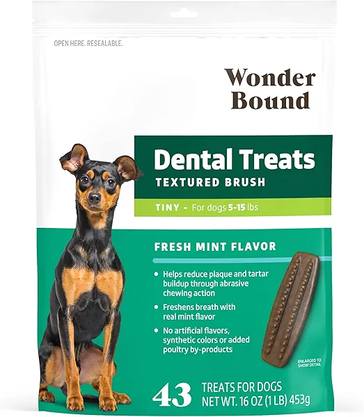Wonder Bound Dog Dental Treats for Tiny Dogs (5-15 lbs), Fresh Mint Flavor, Made with Real Chicken, Nubbed Texture for Plaque & Tartar Control, Freshens Breath While Chewing, 43 Count
