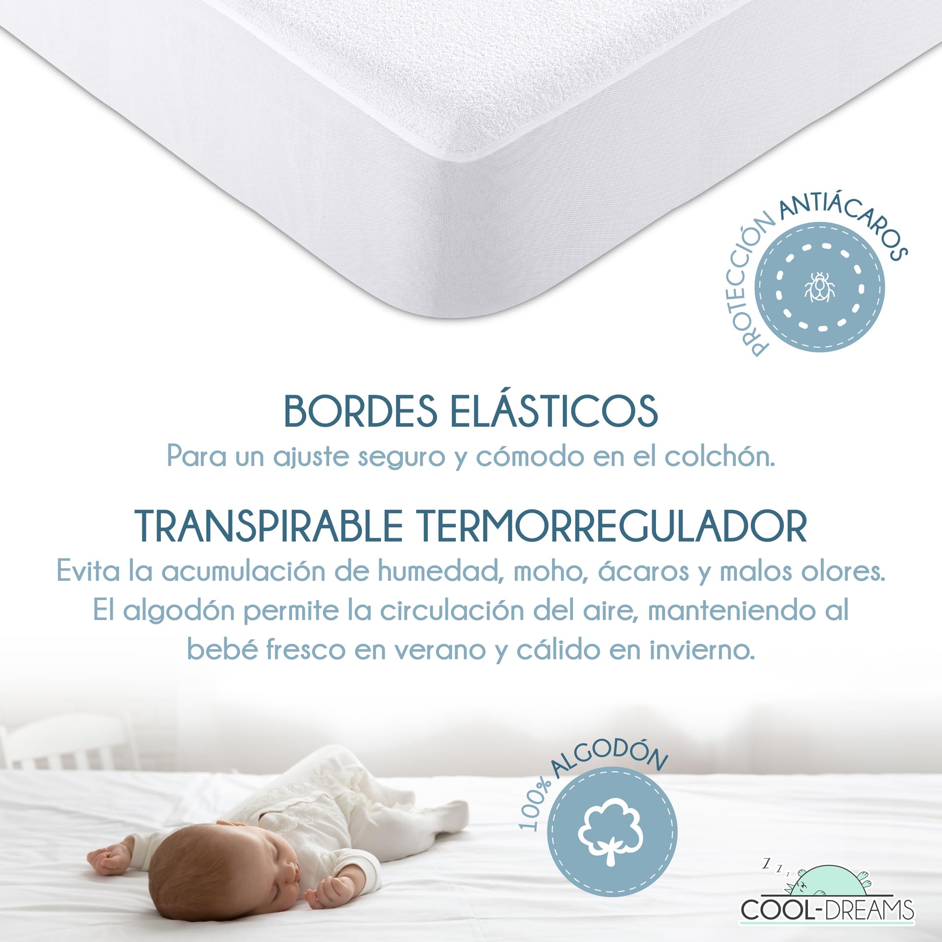 Protector Colchón Cuna 120x60, Impermeable, 100% Algodón CoolDreams | 100% algodón, membrana impermeable, tejido hipoalergénico y fabricación en España.