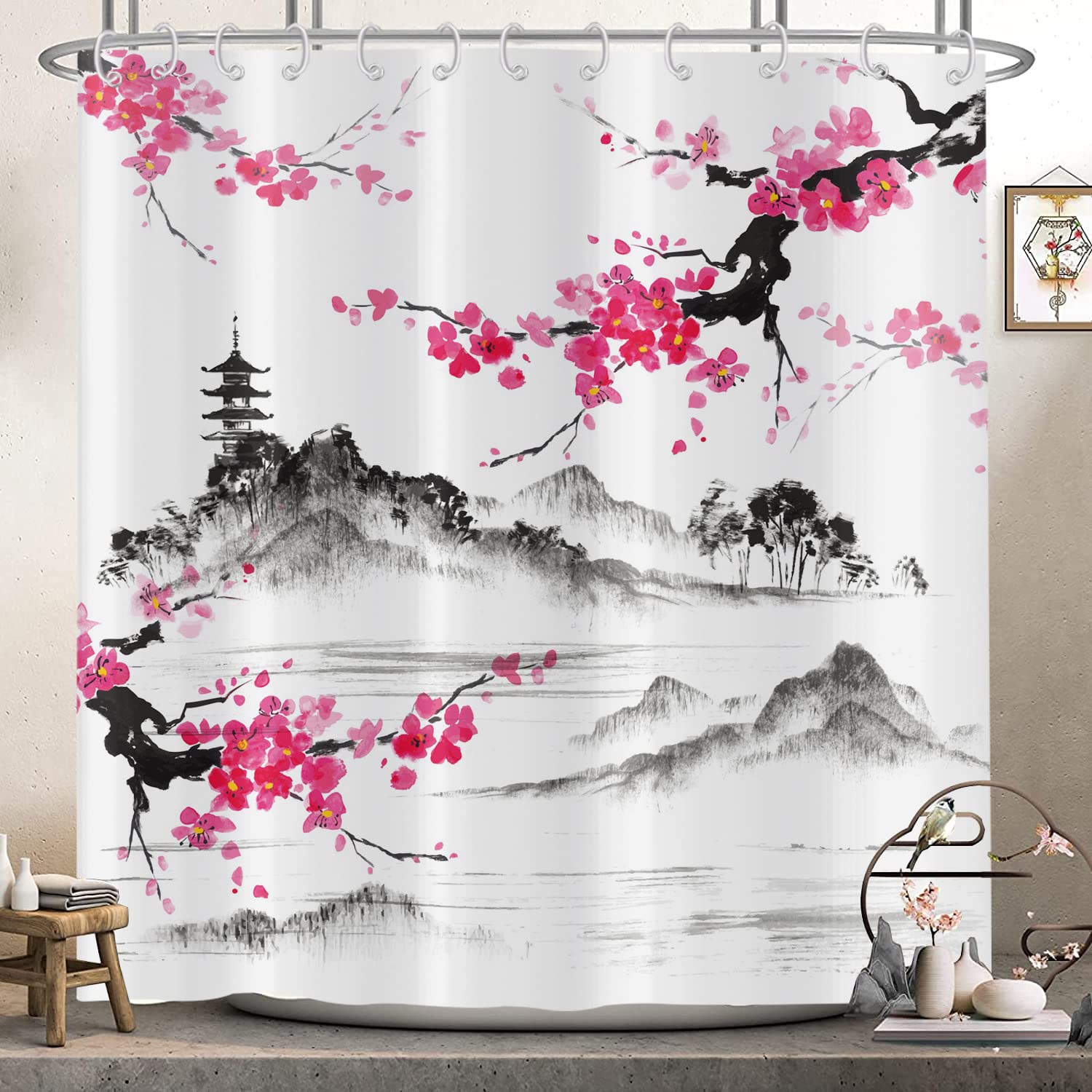 Hnmdmyi Cherry Blossom Shower Curtain 165x180, Asian Japanese Style Pink Flower Shower Curtains Watercolor Mountain Art Bathroom Curtains Waterproof Polyester Fabric Washable Bath Curtains with Hooks