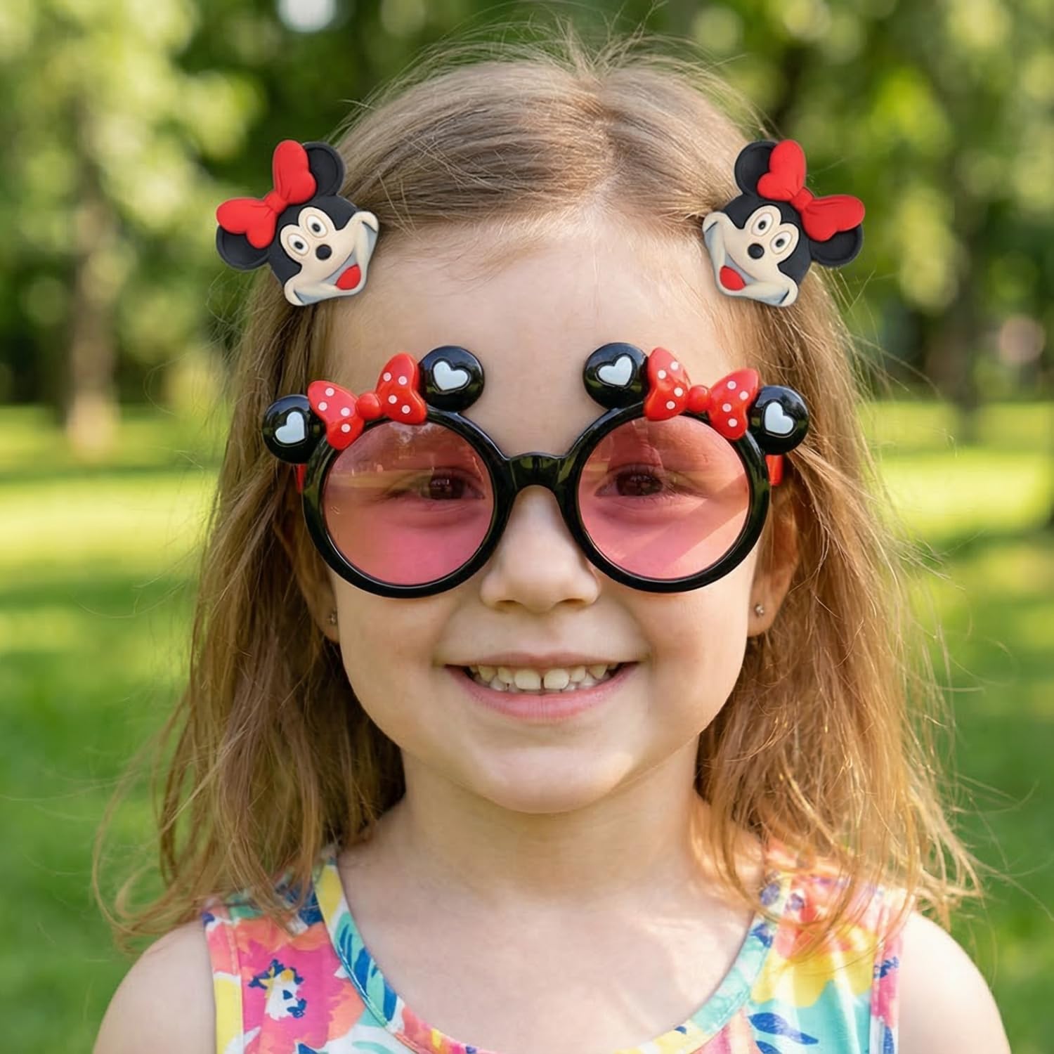 Fashion Alley Pack of 3 Kids Sunglasses and Hair Clips Set | Cartoon Mouse Shape Frame with Bow Design Heart Lenses | Fancy Dress Party Photo Props Eyewear | Kids Girls Costume Accessory (Black) 2
