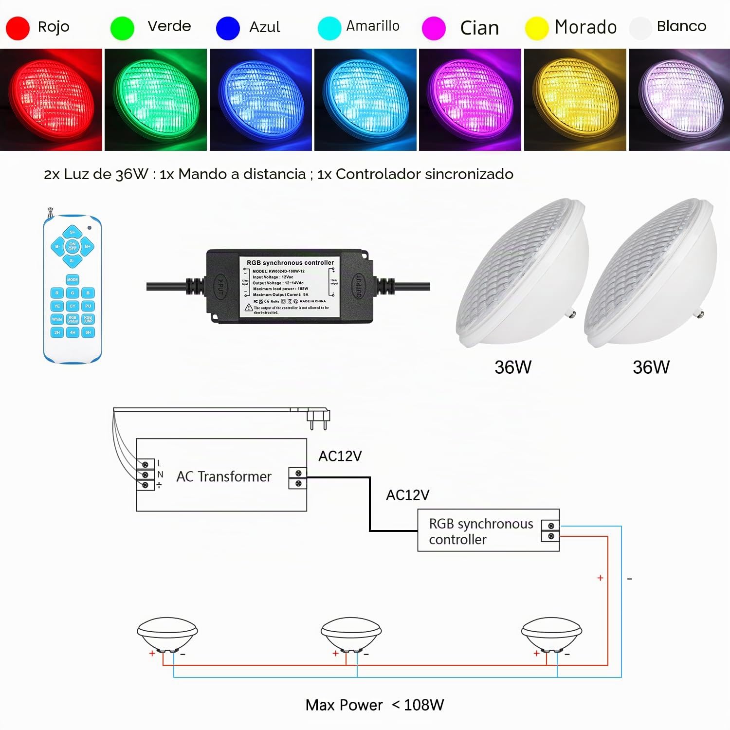 36W LED Foco de Piscina PAR56 RGB 12V Temporizador 2/4/6H Sincronizado Control Remoto IP68 Sumergible (2 Piezas)