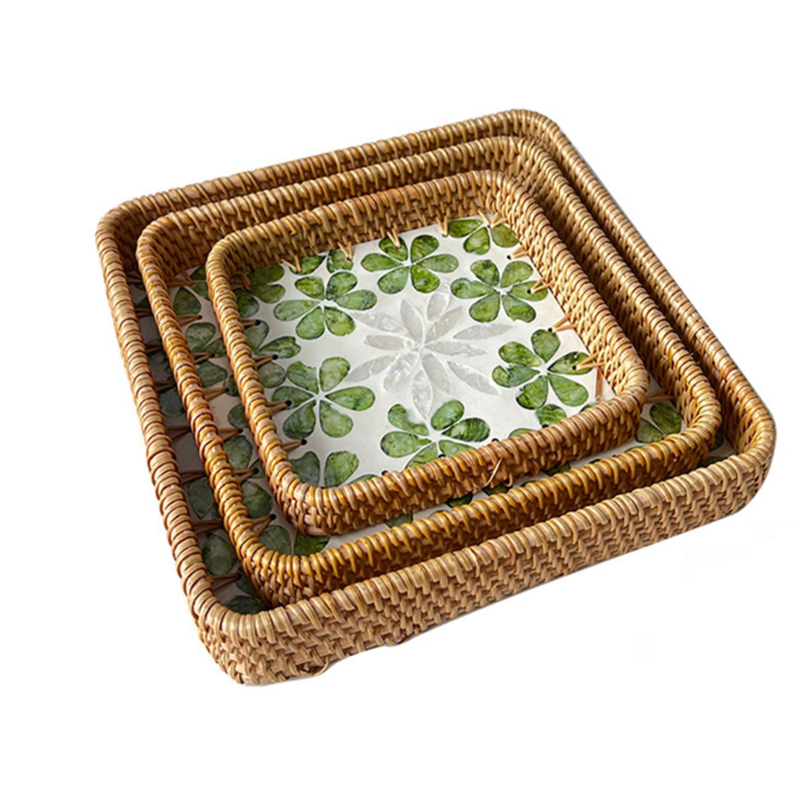 RUDHSJNJK 3 Pack Square Rattan Serving Tray with Mother of Pearl Inlay Decorative Wicker Tray for Coffee Bread Fruits Food Storage Display,3