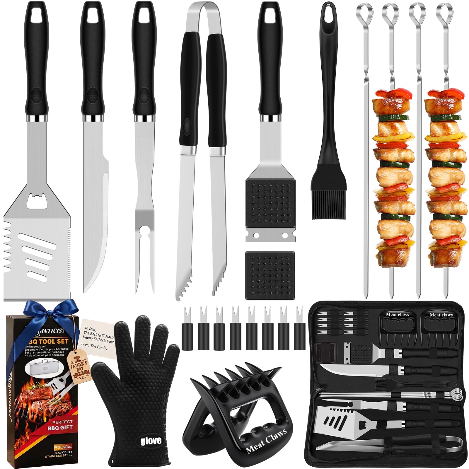 ROMANTICIST Set regalo di 27 utensili da barbecue resistenti per uomini e papà, utensili da griglia in acciaio inox extra spesso con artigli per carne, kit di accessori per grigliare in borsa