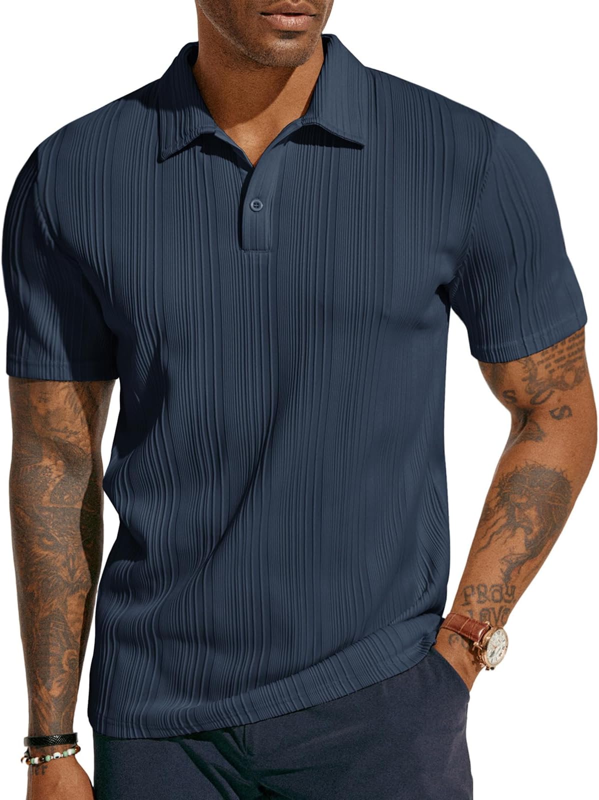 Mens Textured Knit Polo Shirts Regular Fit Stretchy Golf Shirts