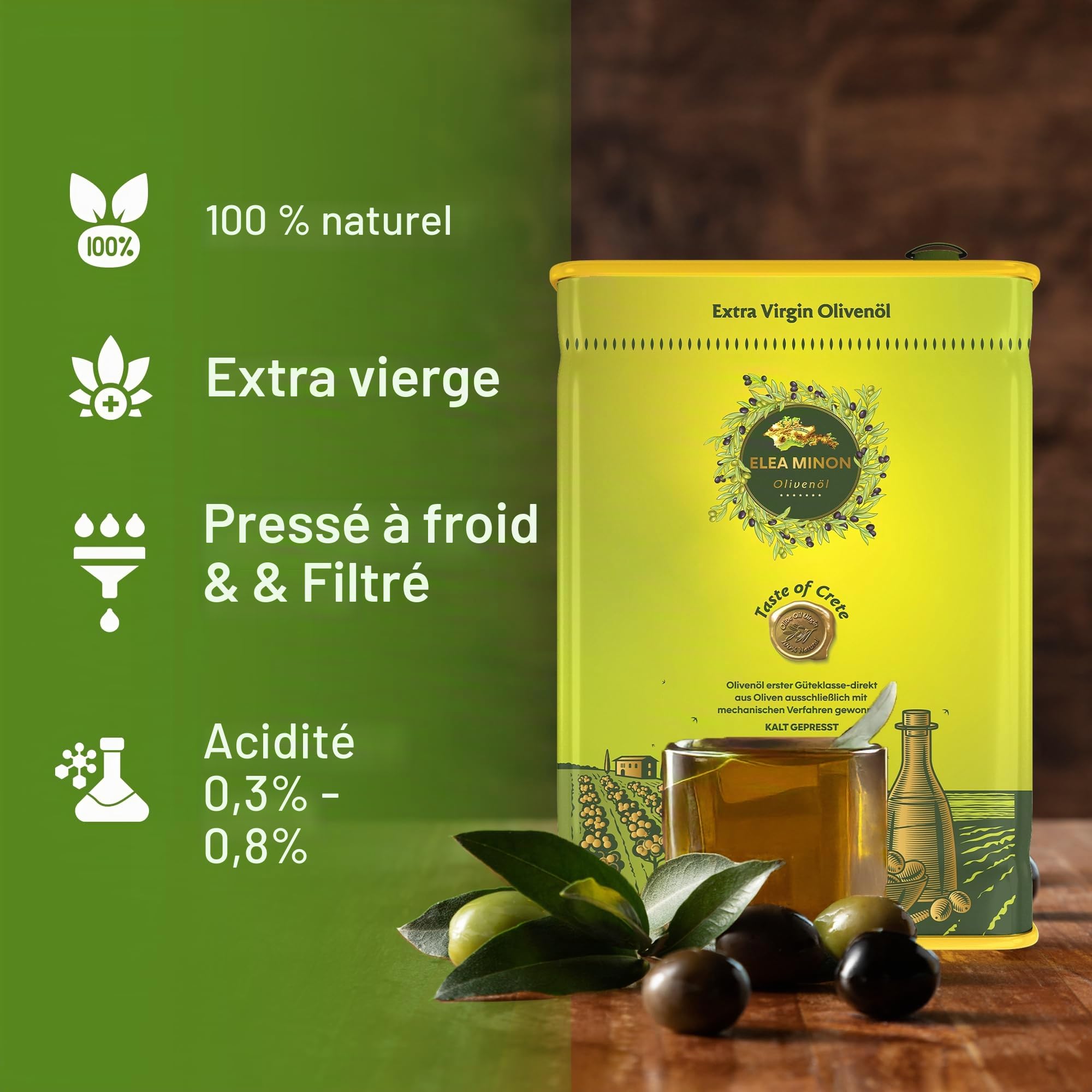 Elea Minon Huile d'olive extra vierge – 0,75 l / 3 l / 5 l – Pressée à froid de Crète, 100 % pure huile d'olive grecque de qualité supérieure, première pression à froid, fruitée douce, bidon en métal