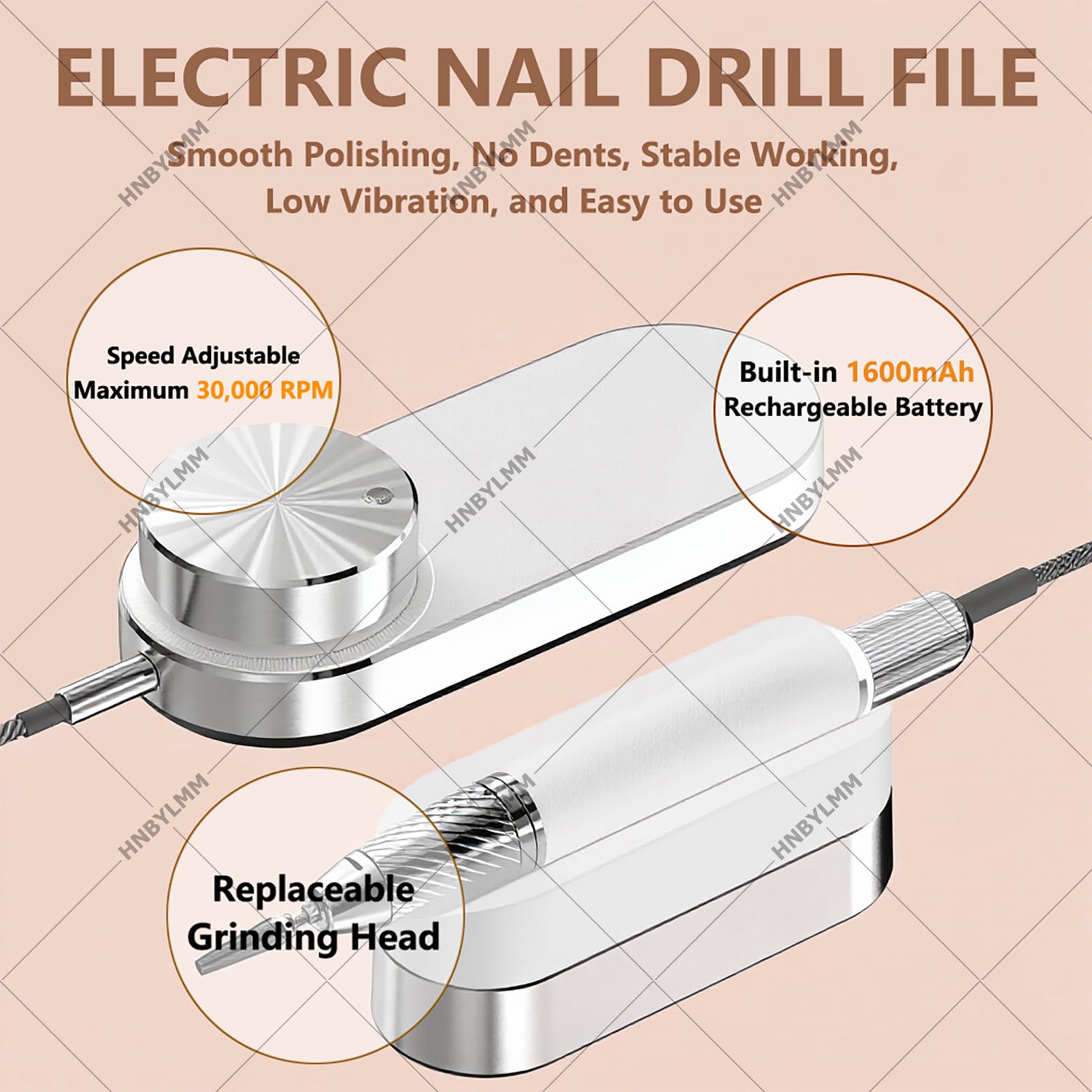 Taladro de Uñas y Aspirador de Polvo, Aspiradora Eléctrica para Uñas, Motor Sin Escobillas de 3500 RPM, ≤60 dB Ultra Silencioso, Taldro de Uñas Recargable con Brocas Metálicas White