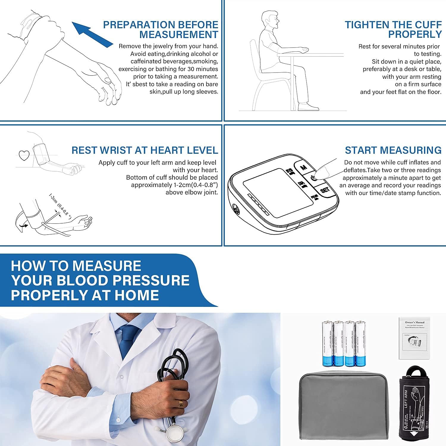 Sejoy Blood Pressure Machine Upper Arm Accurate Adjustable Digital BP Cuff Monitor Kit Large Backlit Display 120 Sets Memory, Includes Batteries Carrying Bag