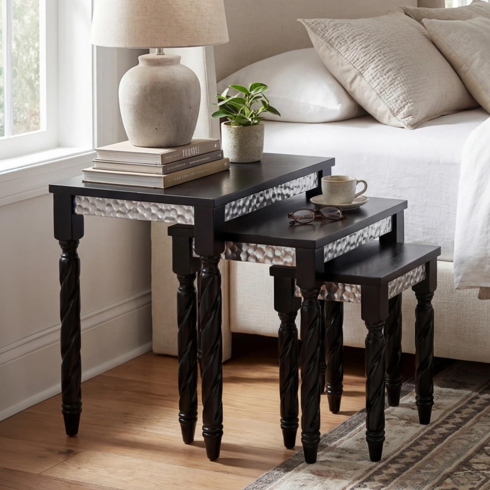 Black Nesting Tables Set of 3, Retro Side Table End Table with Veneered Top & Spiral Wood Legs, Mid Century Modern Nesting Wood Coffee Tables for Living Room Bedroom