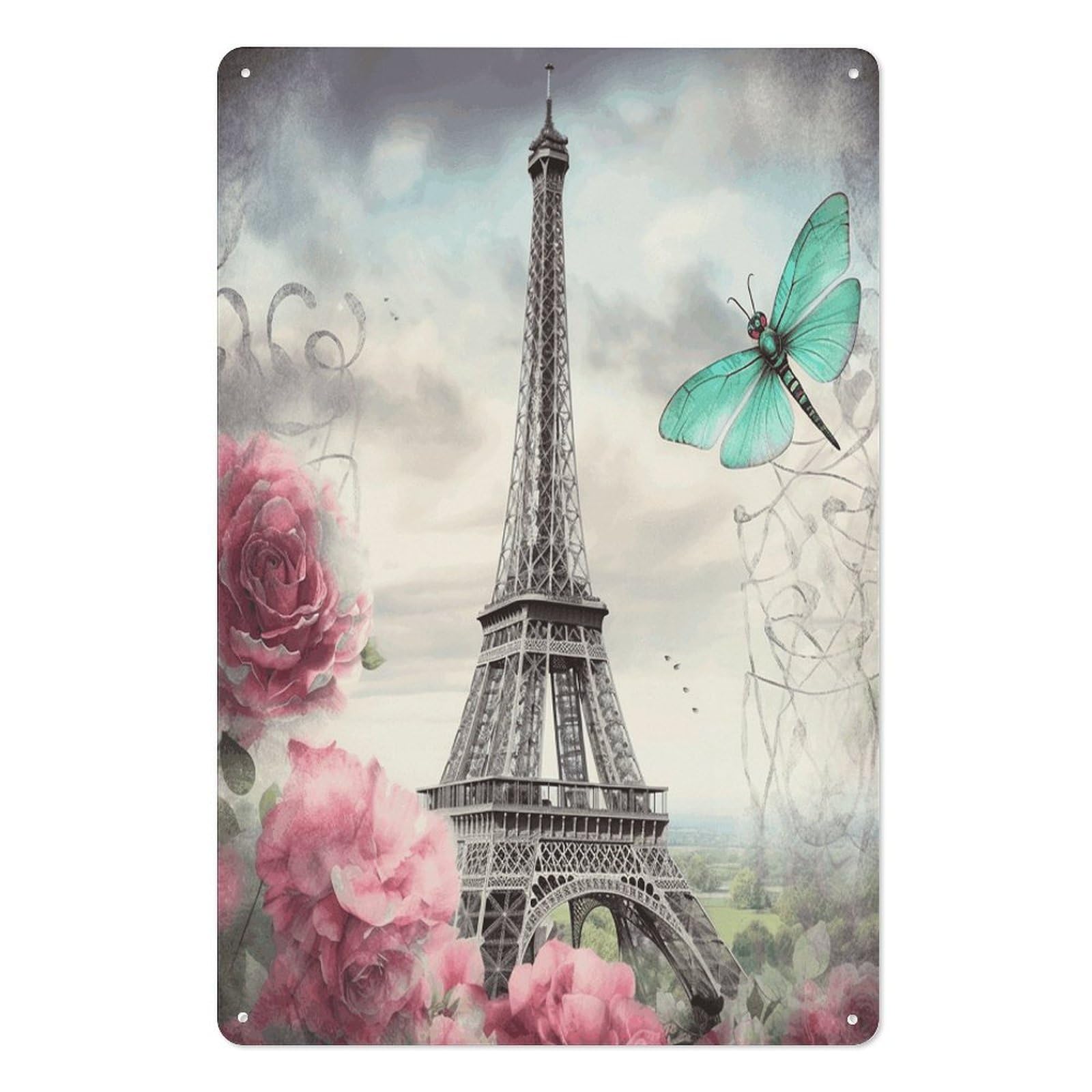 Dragonfly French Tower Tin Sign Novelty Vintage Wall Art for Home Farmhouse Decor Metal Signs Classical Tin Hanging Picture for Yard Hotel Living Room 11.8x7.8 Inches