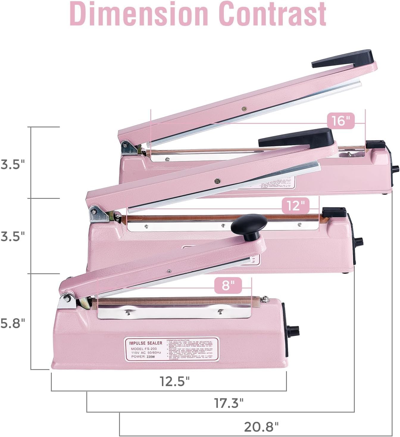 METRONIC Impulse Sealer 8 inch, Manual Heat Sealer Machine for Plastic Bags, Shrink Wrap Bag Sealers Heavy Duty Sealing Machine with Repair Kit (Pink)