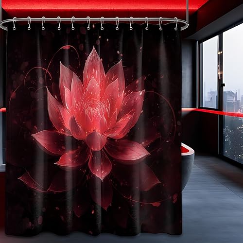 Miniatura 8 de Cortina de ducha negra y dorada con flores de loto amarillo dorado para juegos de decoración de baño, tela impermeable con ganchos, 70 x 72 pulgadas